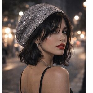 Womens Silver Sequin Knit Beret Hat Y2K Glam Indie Parisian Style